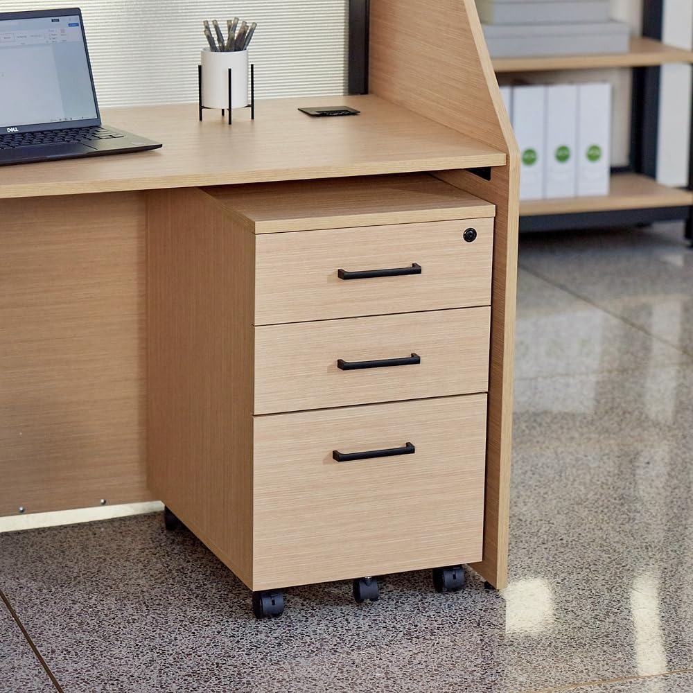 NBF Cortez Three-Drawer Mobile File Pedestal Storage with Lock - Modern Mobile File Cabinet for Document Storage - Pedestal Office Filing Cabinet with Wheels (Nordic Ash), 16.1" W