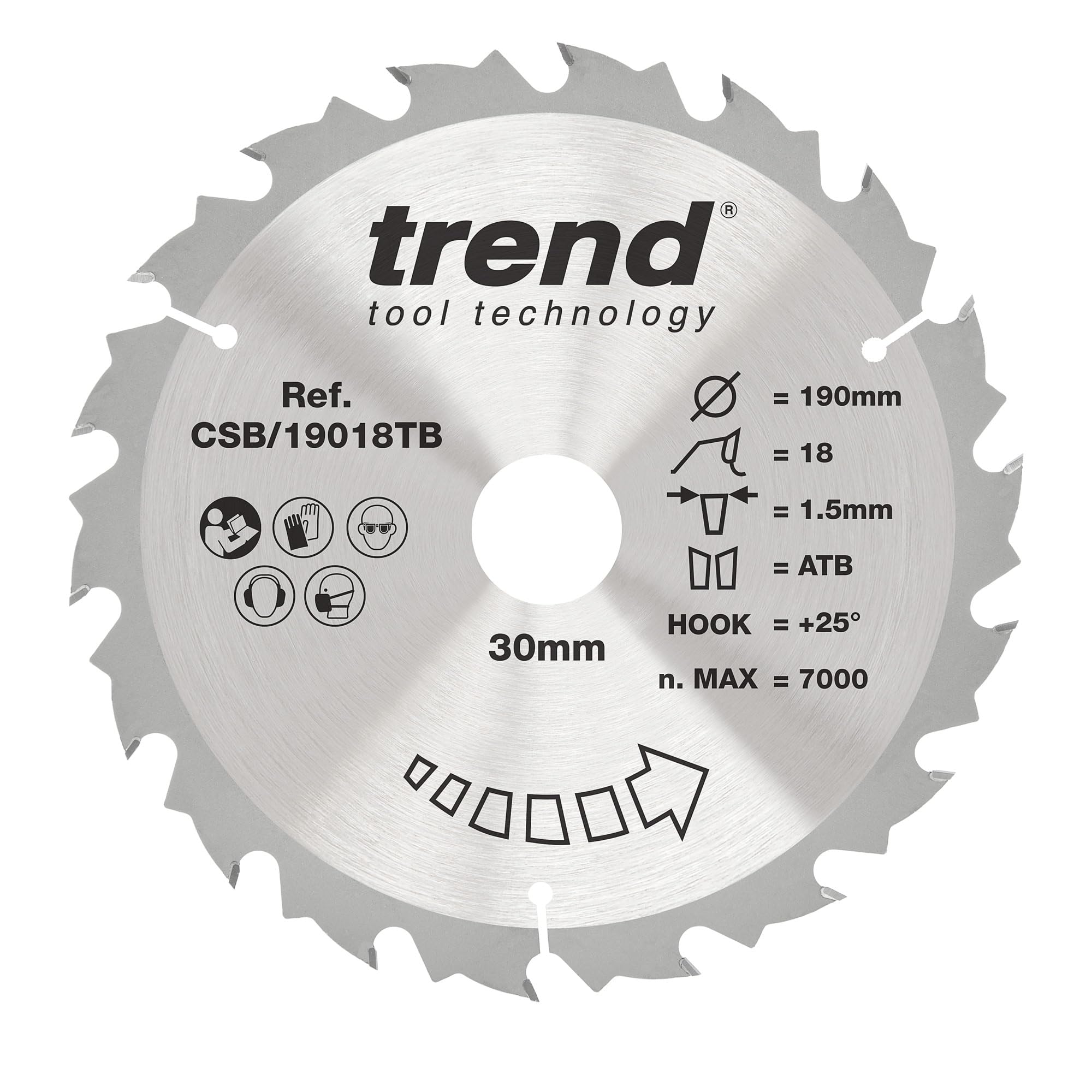 Trend Wood Cordless Circular Saw Blade, 190mm Diameter, 30mm Bore, 18 Teeth, 1.5mm Kerf, +25° Hook, TCT, Coarse Finish, CSB/19018TB