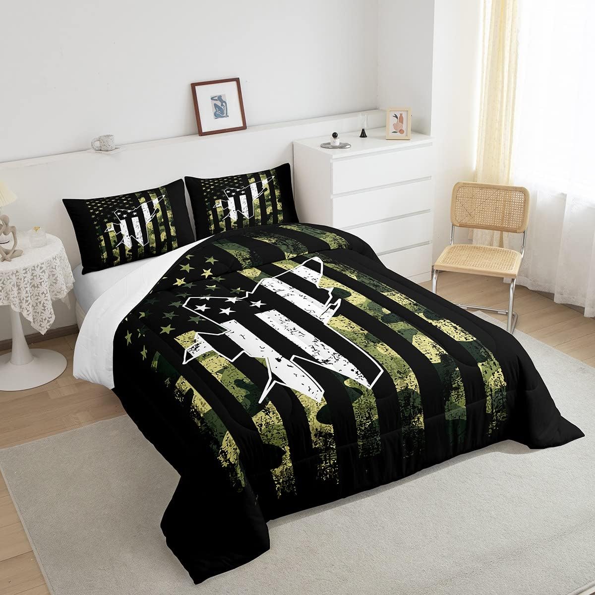 Camo Airplane Boys Comforter Set Full Size Camouflage American Flag Bedding Set 3pcs for Kids Men Teens Bedroom Retro Star Stripes USA Flag Quilt Set Army Green Camo Plane Duvet Insert,2 Pillowcases - Image 4