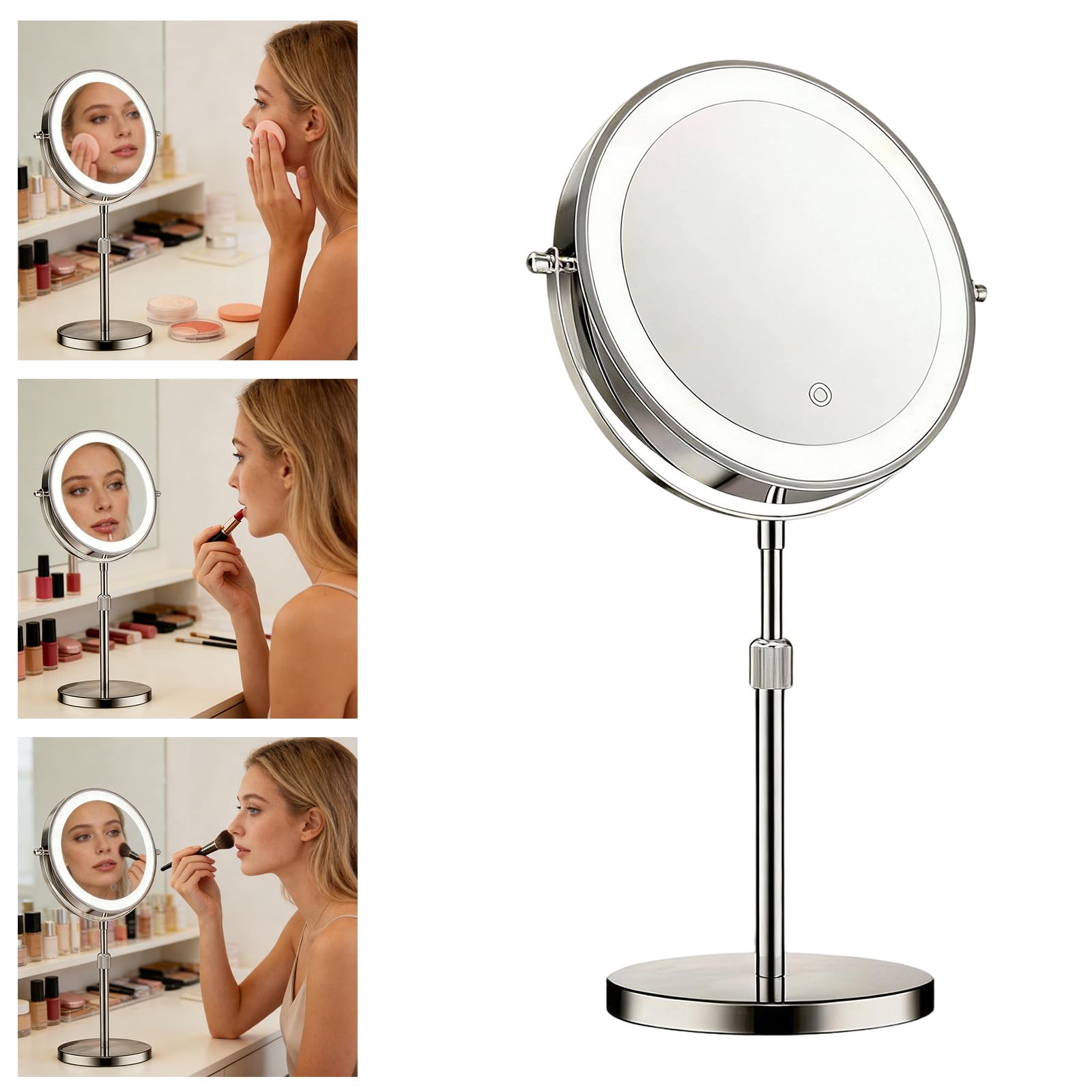 Miroir de maquillage éclairé par LED avec hauteur et grossissement latéral pour des cosmétiques impeccables Miroir réglable en hauteur