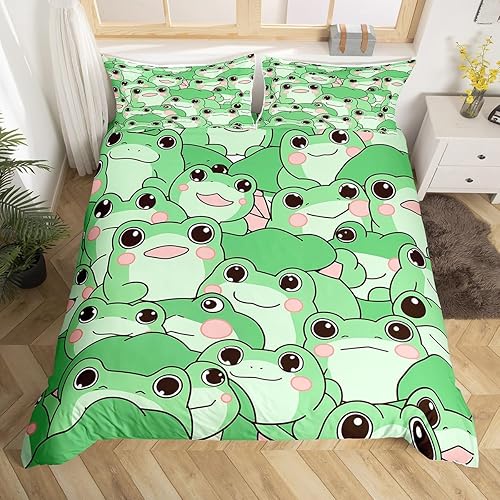 Juego de funda de edredón de rana linda tamaño completo, juego de ropa de cama de animales anfibios de 3 piezas para decoración de dormitorio de