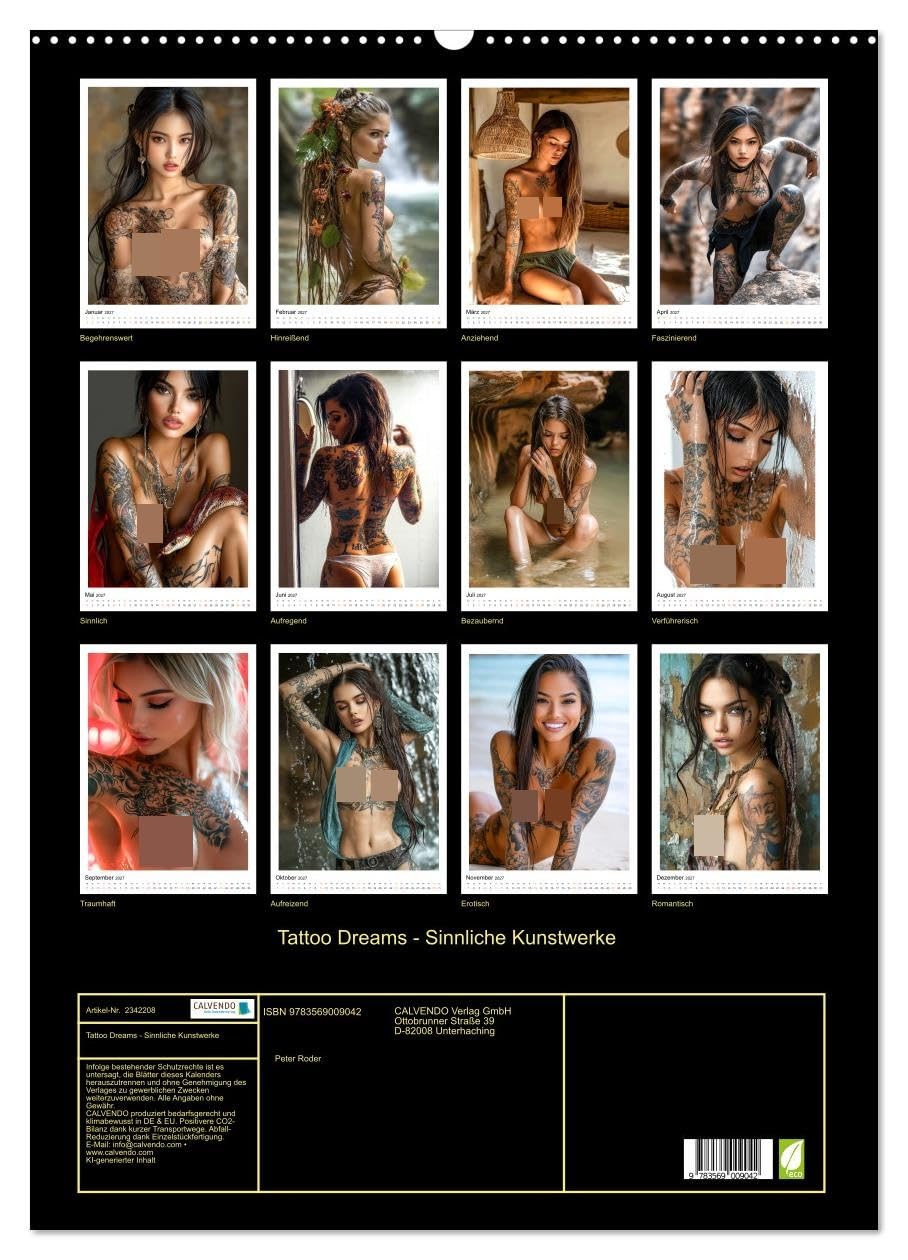 CALVENDO - Tattoo Dreams - Sinnliche Kunstwerke (Wandkalender 2027 DIN A2 hoch), Monatskalender: Erotische Frauen verzaubern mit sexy Tatoos.