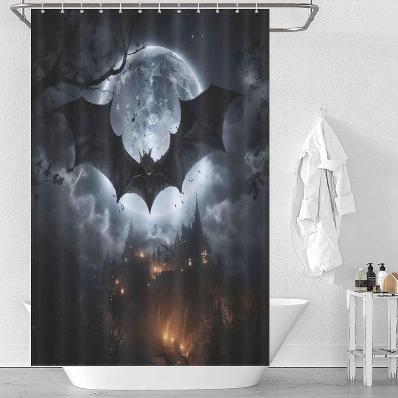 Chauve-souris rideau de douche lavable en machine avec 12 crochets inclus
