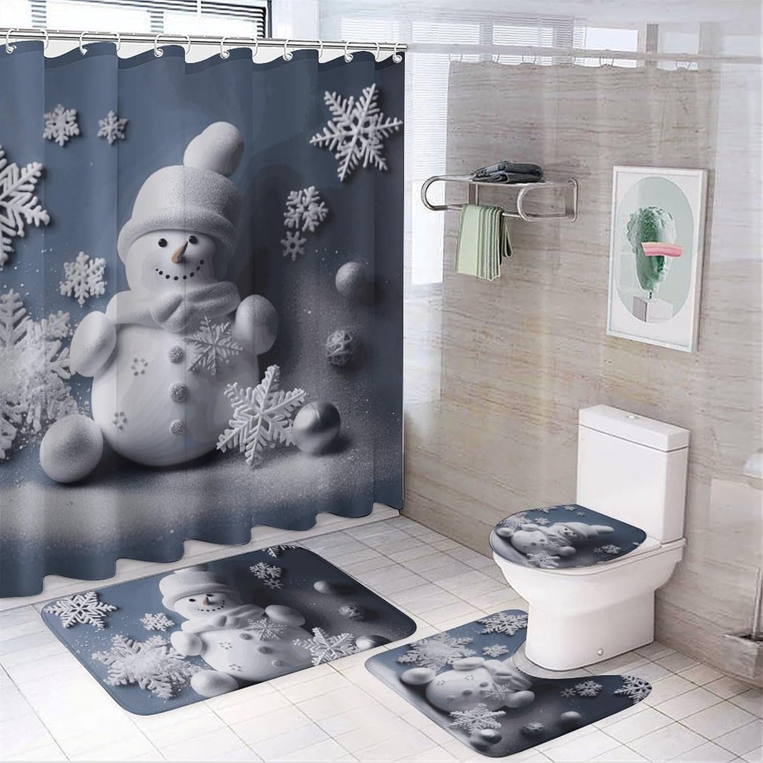 Snowman Stars and Snowflakes Shower Curtain Set 4 Piece, Non-Slip Bath Mat with Toilet Lid Cover and Waterproof Shower Curtain with 12 Hooks, Complete Bathroom Set for Home Decor