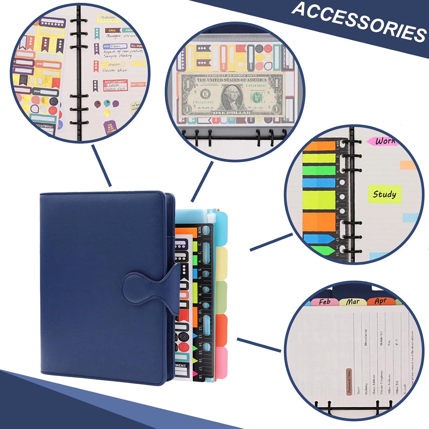 HXRTANGS PU Leather Notebook A5, 6-Ring Binder Journal Refillable Loose Leaf Business Notebook with Pockets/Pen Holder/Accessories, 100gsm Lined Paper 80 Sheets / 160 Pages, Navy Blue