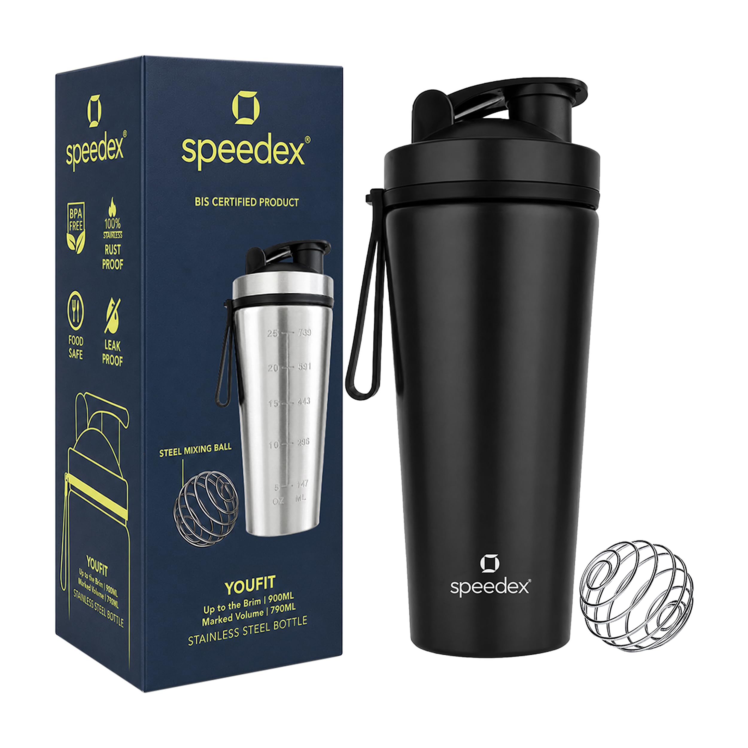 Speedex YouFit Stainless Steel Gym Shaker Bottle 750ml with Mixing Ball | Leakproof Protein Shaker for Gym, Wide Mouth, Measurement Markings, Carry Loop Flip Cap | Metal Shaker for Men & Women – Black-image-44