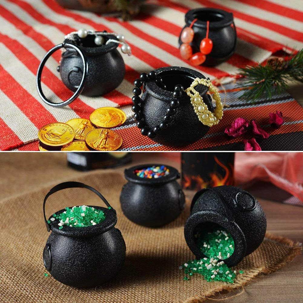 FUTUREPLUSX Mini Black Candy Cauldron Kettles, 2PCS Plastic Candy Kettles Party Decoration Supplies for St. Patricks Day with 50 plastic gold clover coins