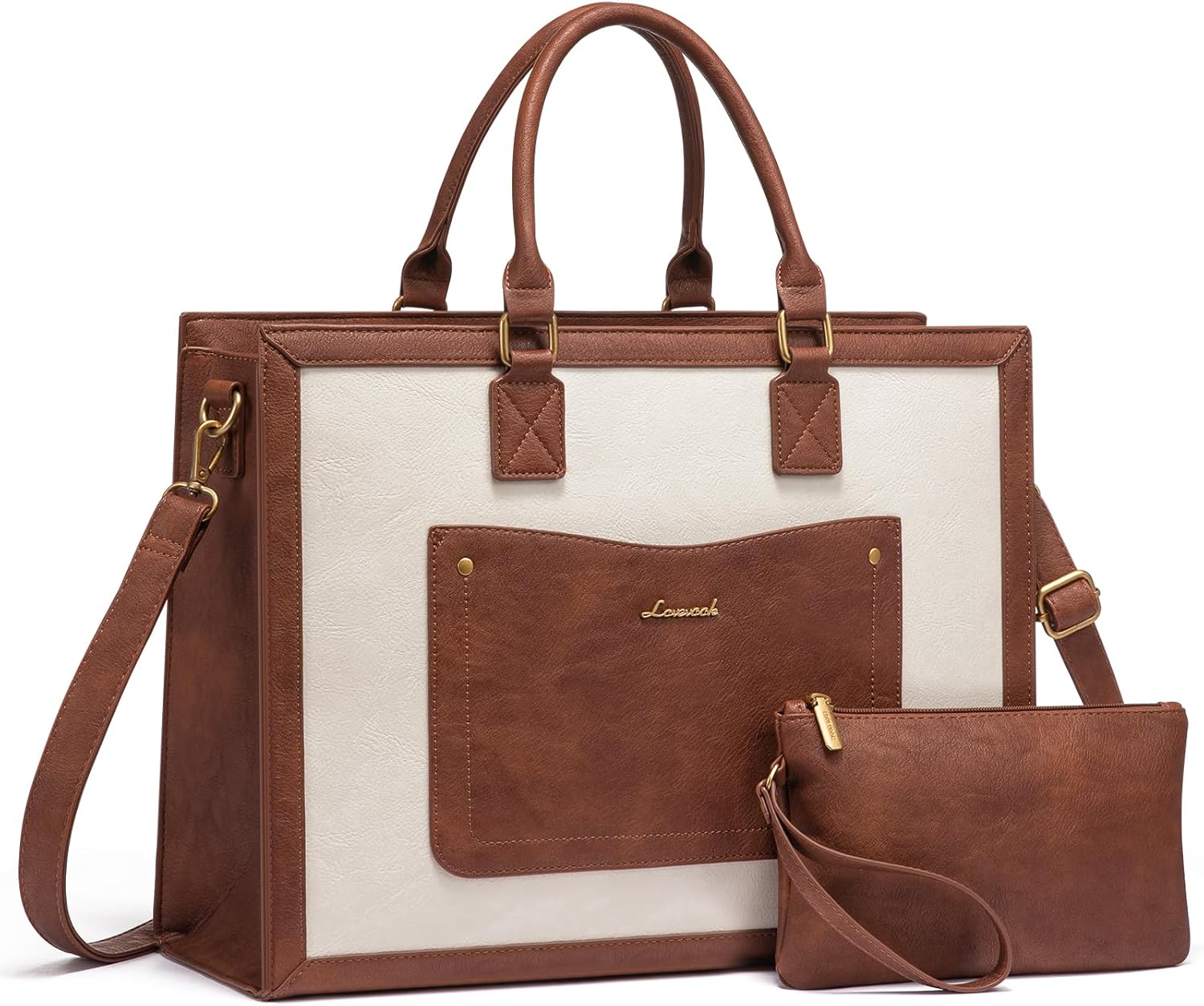 LOVEVOOK Laptop Tote Bag for Women, 15.6 Inch Work Bags, Vintage Leather Tote Bag, Waterproof Computer Bags with Clutch Purse, Large Capacity Messenger Bag for Teacher College Business Office