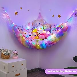 Unicorn Castle Stuffed Animals Net or Hammock Kids Toy Storage Organizer with LED Light Hanging Corner Stuffed Animals Holder Kids Girls Room Decor,Rainbow-A,XLarge (Pack of 1)