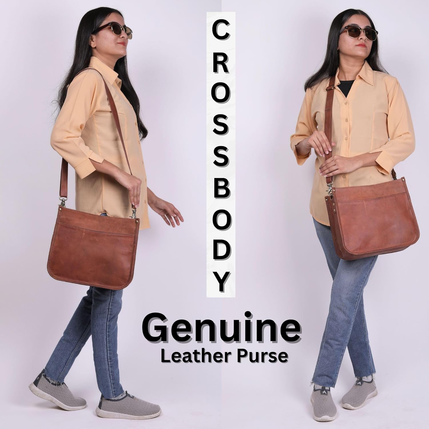 Genuine Leather Crossbody Purse for Women – Medium Satchel Bag with Zipper Pocket – Soft Vintage Boho Handbag - Image 3