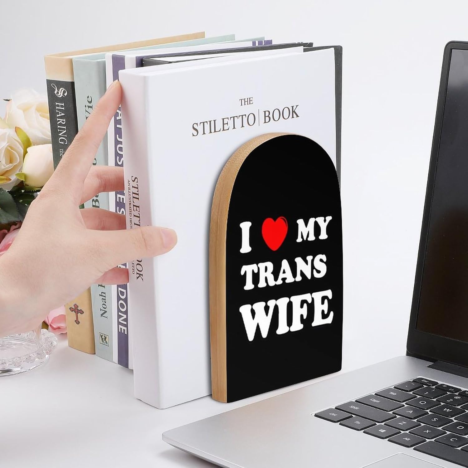 I Love My Trans Wife Cute Wood Book Ends Decorative Bookends 1 Pair Non-Skid for Shelves Home Office 7 X 5 Inch