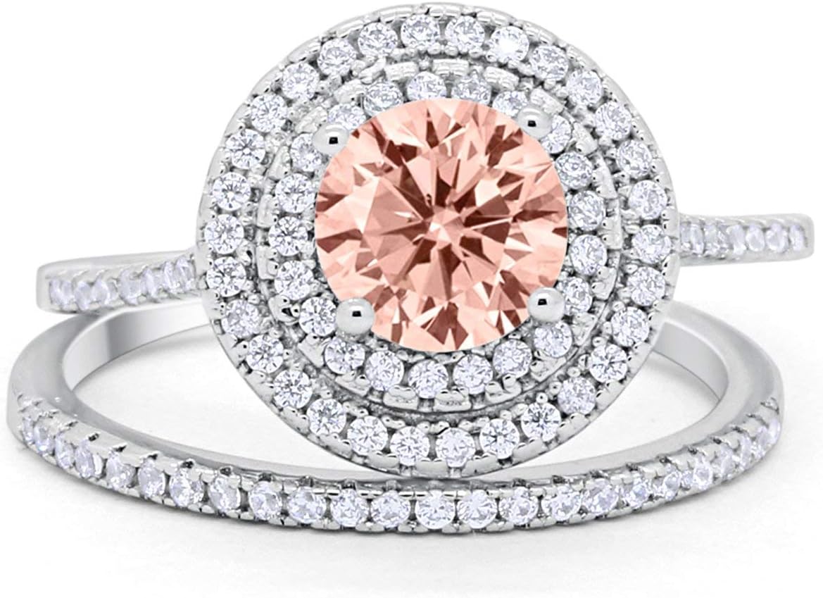 Blue Apple Co. Double Halo Wedding Engagement Bridal Set Ring Band 925 Sterling Silver Round Cubic Zirconia