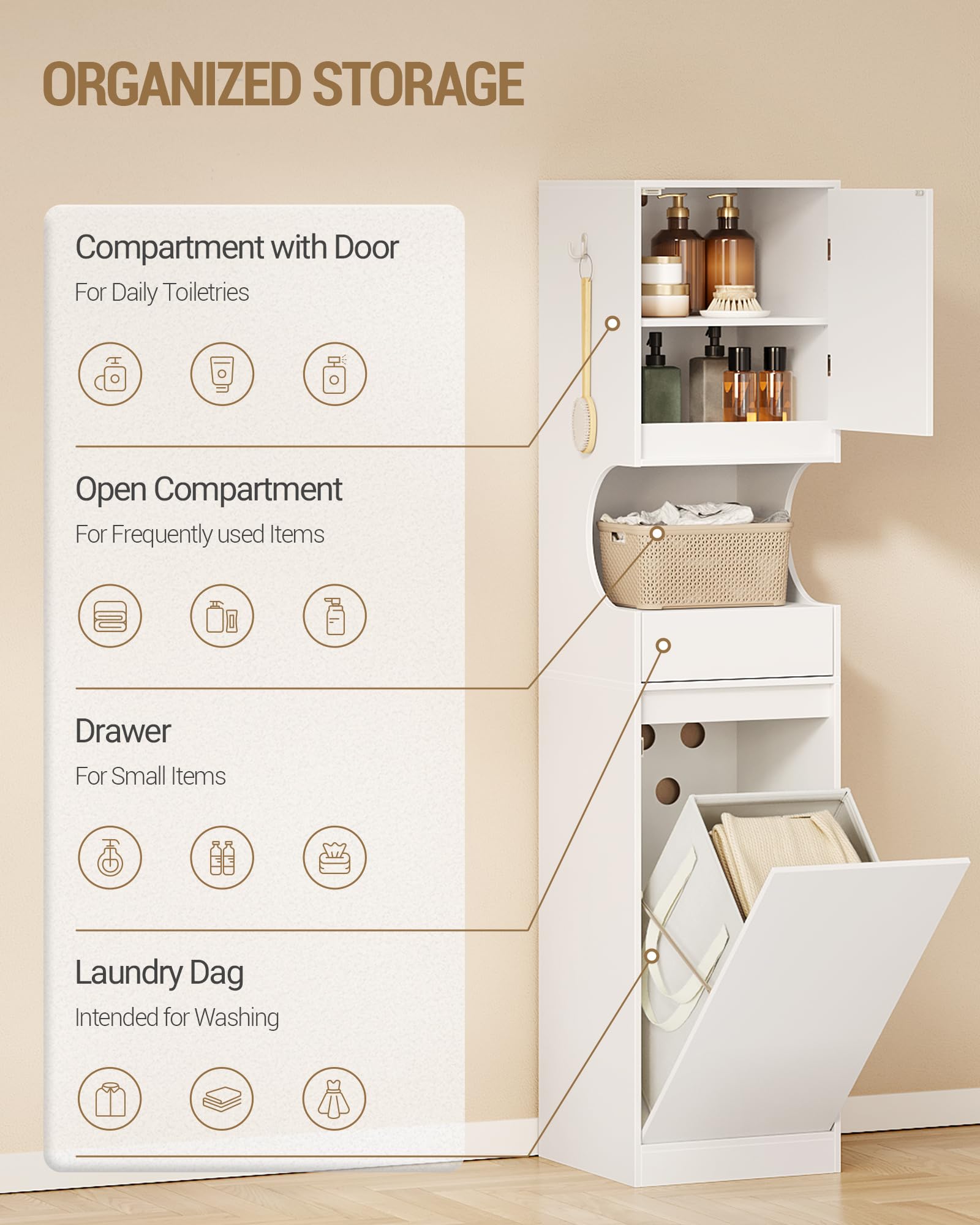 Hzuaneri Mueble Columna de Baño, Mueble Ropa Sucia con 1 Cesto para Ropa, Columna de Baño Mueble de Baños, Apto para baños, lavadero, Sala de Estar, 40 x 40 x 174 cm, Blanco BC43013X