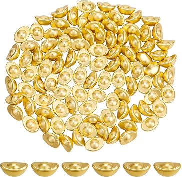 1 Box 100Pcs Mini Ingot Yuan Bao Decor Chinese Yuanbao Gold Alloy Ingots Coin Fortune Prosperity Money Feng Shui Collectibles Yuan Bao Decors for Lunar New Year Ornaments Bring Wealth Luck