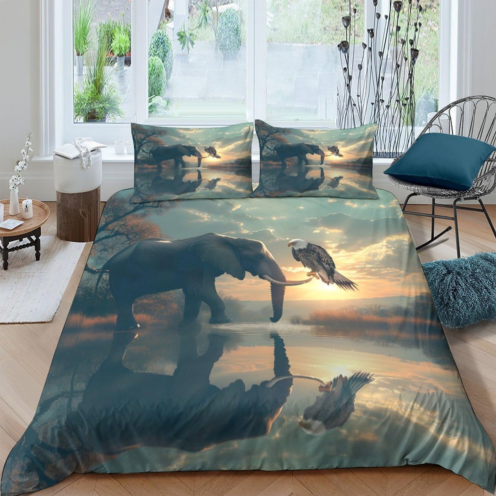 Ctjqhvkz Style-6 3D Printed Elephant Sunset Fitted Sheet Microfiber Soft Anti-Slip Forest Lake Bed Cover For Bedroom Guest Room Decor Single（135X200cm）