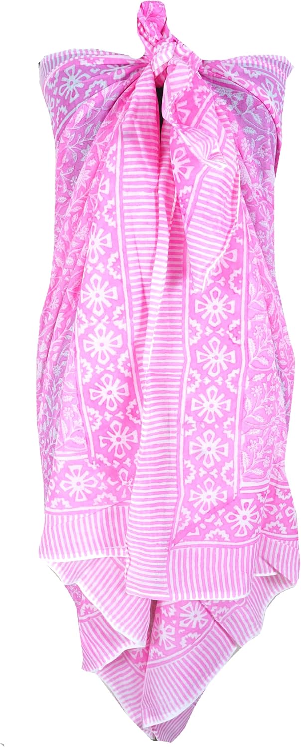 100% Cotton Block Print Sarong - Women's Swimsuit Wrap Cover-Up, Long Beachwear & Resort Apparel