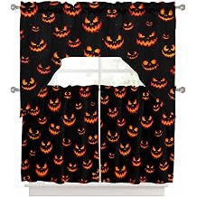 Chic D 3 Pieces Swag Kitchen Curtains & Valances Set, Fall Angry Pumpkins Short Curtain Rod Pocket Window Curtain, Minimalist Creepy Black Lava Orange Window Treatment Tiers Decor 56x36in