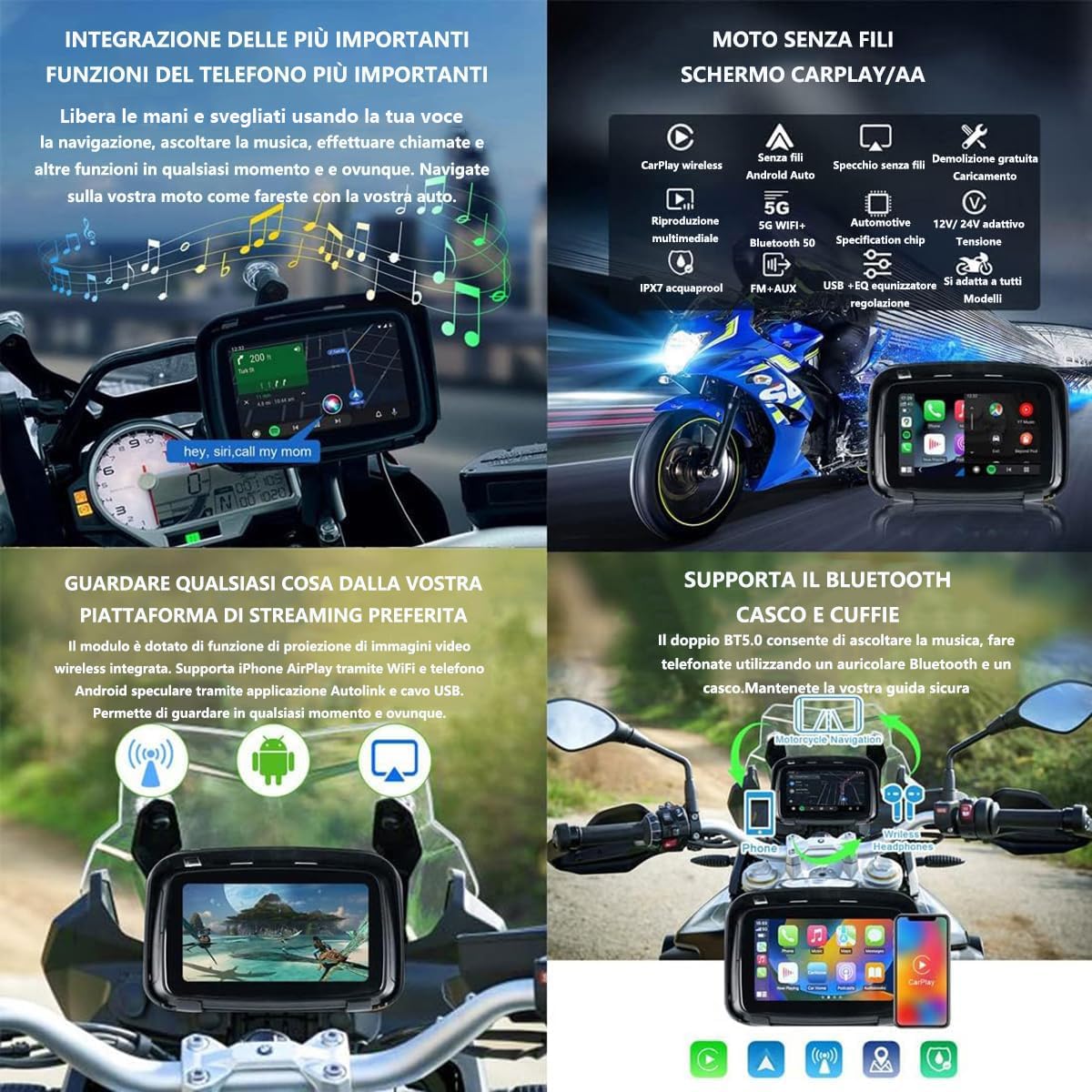 Navigatore GPS Per Moto, Carplay Wireless Touch Screen Da 5 Pollici, IPX7 Impermeabile, Connessione BT, WIFI 4G USB Plug And Play, Posizionamento Preciso, Mappa In Tempo Reale