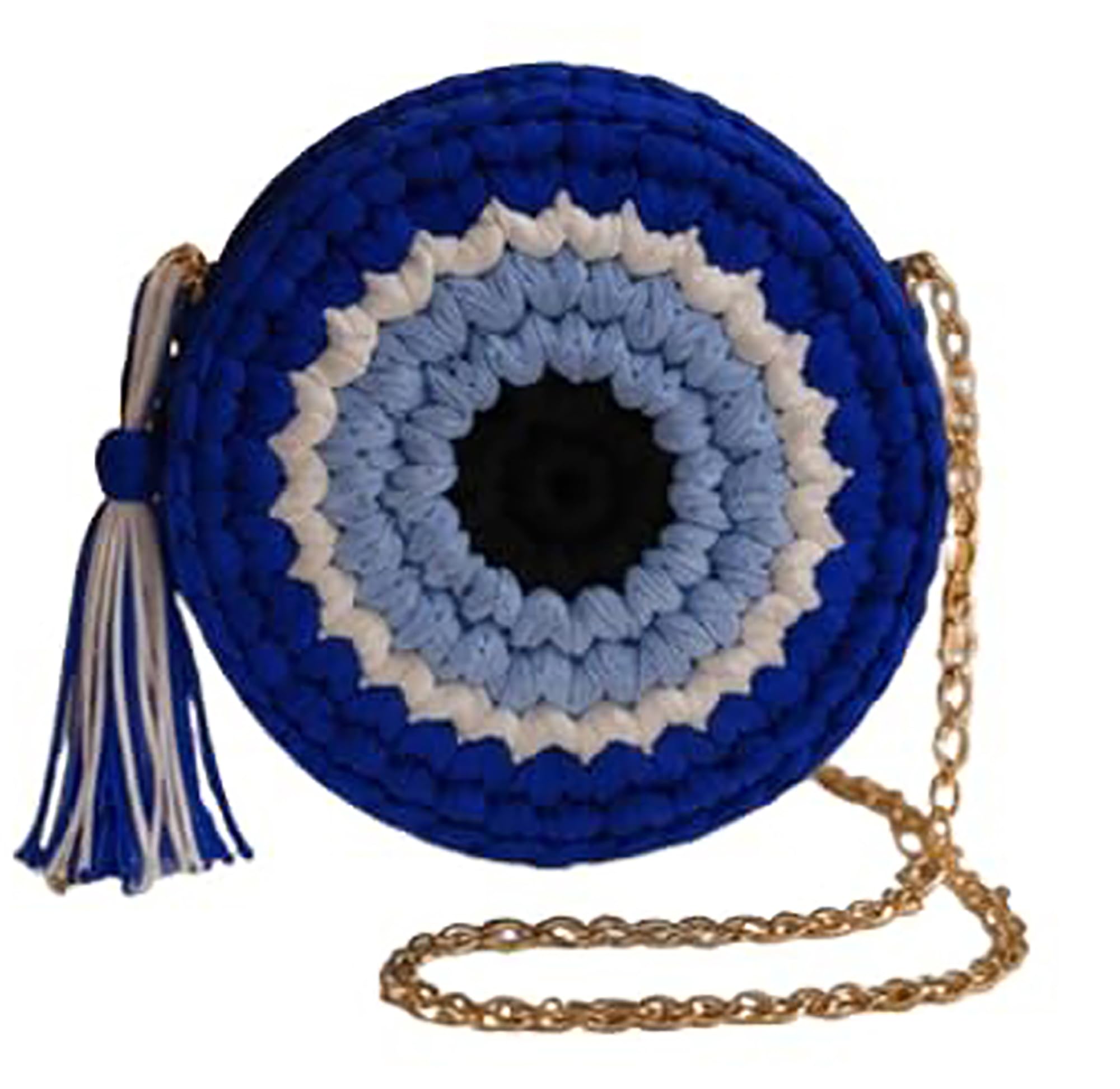 mridvya Crochet Evil Eye Round Sling Bag, Blue, with Gold Chain Strap and Tassel-picture-33