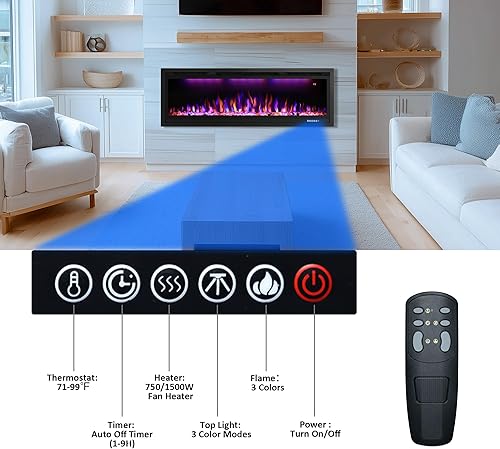 Miniatura 2 de Chimenea eléctrica habilitada para WiFi de 60 pulgadas, control inteligente de aplicación, calentador de chimenea lineal empotrado y montado en la