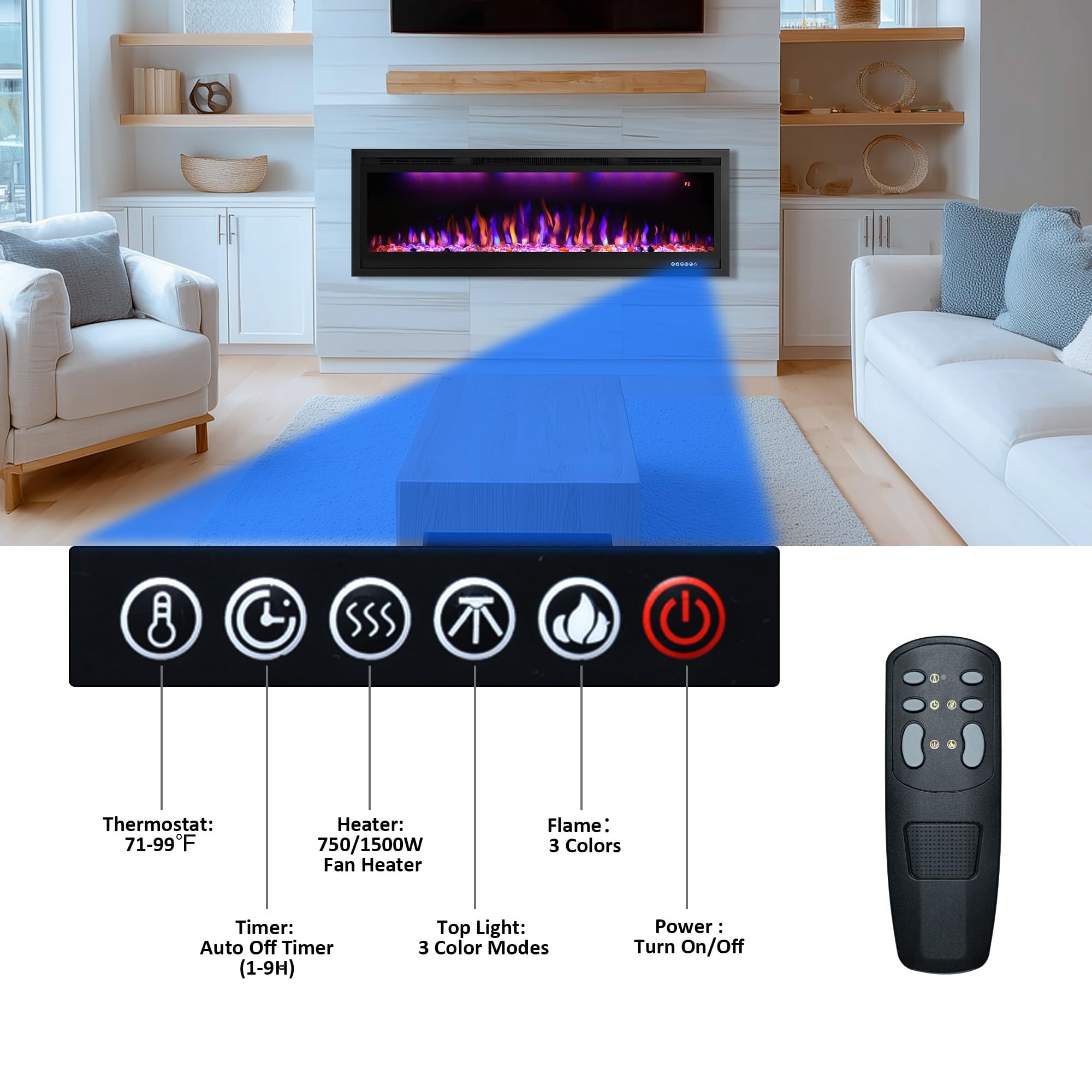107cm/42" Camino elettrico con 3 Colori di fiamma e Luce Superiore, Termostato, 750W/1500W, Timer, Incastrato e Montato a Parete