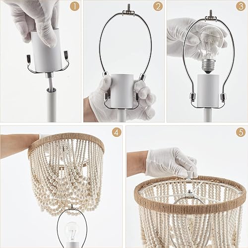 Miniatura 8 de VILUXY Lámpara de mesa bohemia con cuentas de madera, mesita de noche rústica antigua, acabado blanco para dormitorio, guardería, habitación de