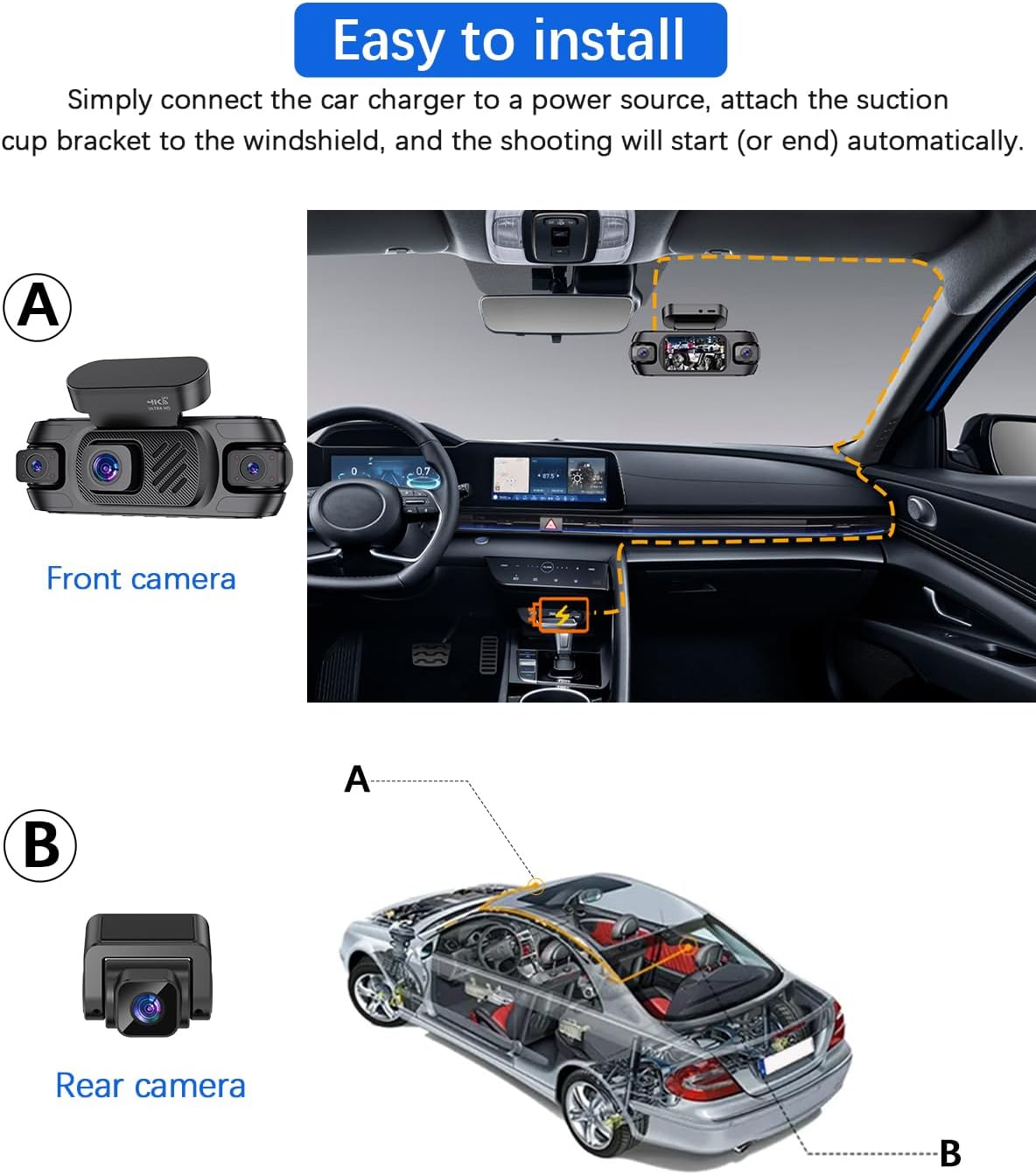 Diagram showing easy installation steps for the Zunfly W9 dash cam.