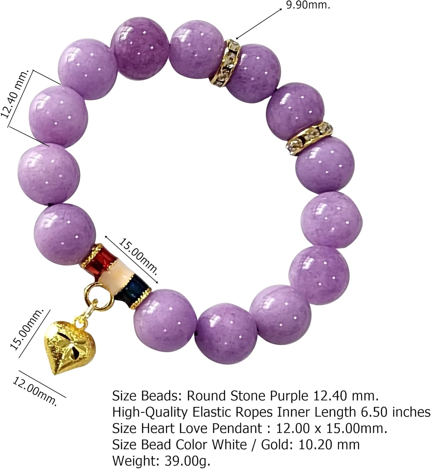 12.4mm Purple Crystal Bead Bracelet with Gold Heart Pendant – Thai Chakra Energy Jewelry for Women – Emotional Balance, Protection & Love – Spiritual Gift with Positive Vibes - Image 2