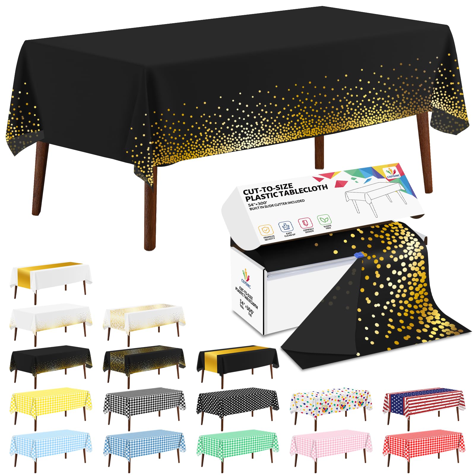 CXPSINC 54 Inch X 300 Feet Plastic Table Cover Roll Disposable Tablecloth with Slide Cutter for All Type/Shape Tables | Party, Banquet, Birthdays, Weddings(Black & Gold Dot, 300 Feet)