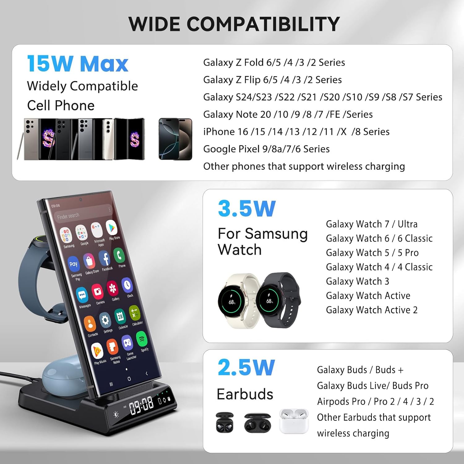 Wireless Charger for Samsung Charging Station with Clock and Foldable 3 in 1 Android Charging Station