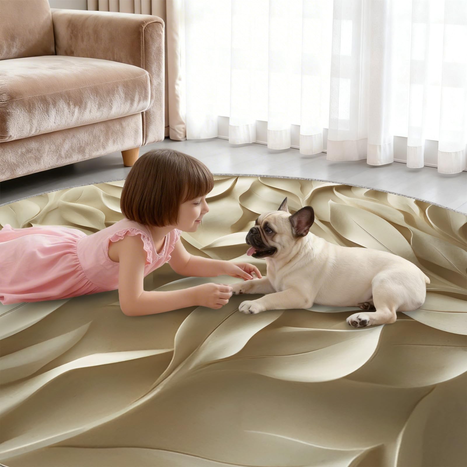 Runder Teppich mit 3D-Blättern, 18 cm, Beige | Minimalistische Teppiche für Esszimmer, weicher niedriger Flor, waschbar, moderne Flurdekoration, Teppiche und Bodenteppich