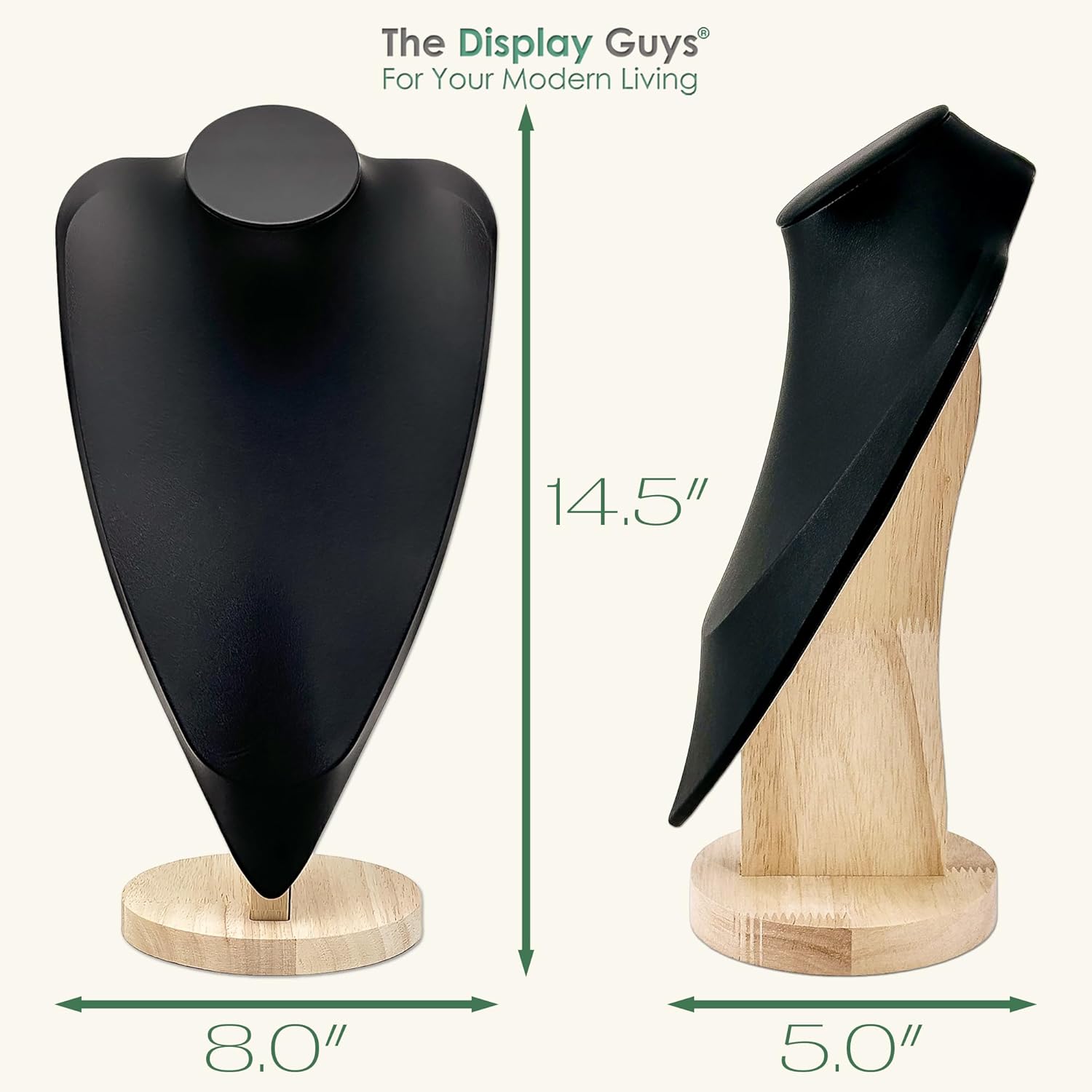 14.5" Solid Oak Jewelry Necklace Bust Display Stand for Vendors - Black Faux Leather - Wooden Mannequin Chain Holder - Tall