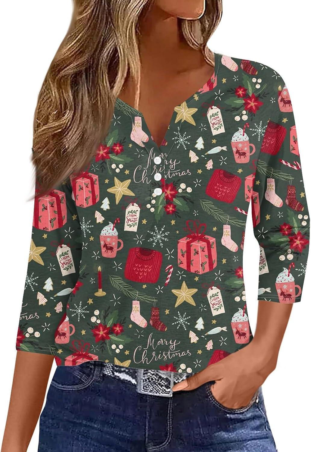 Christmas Shirts,Women's 3/4 Length Sleeve V Neck Button Down Glitter