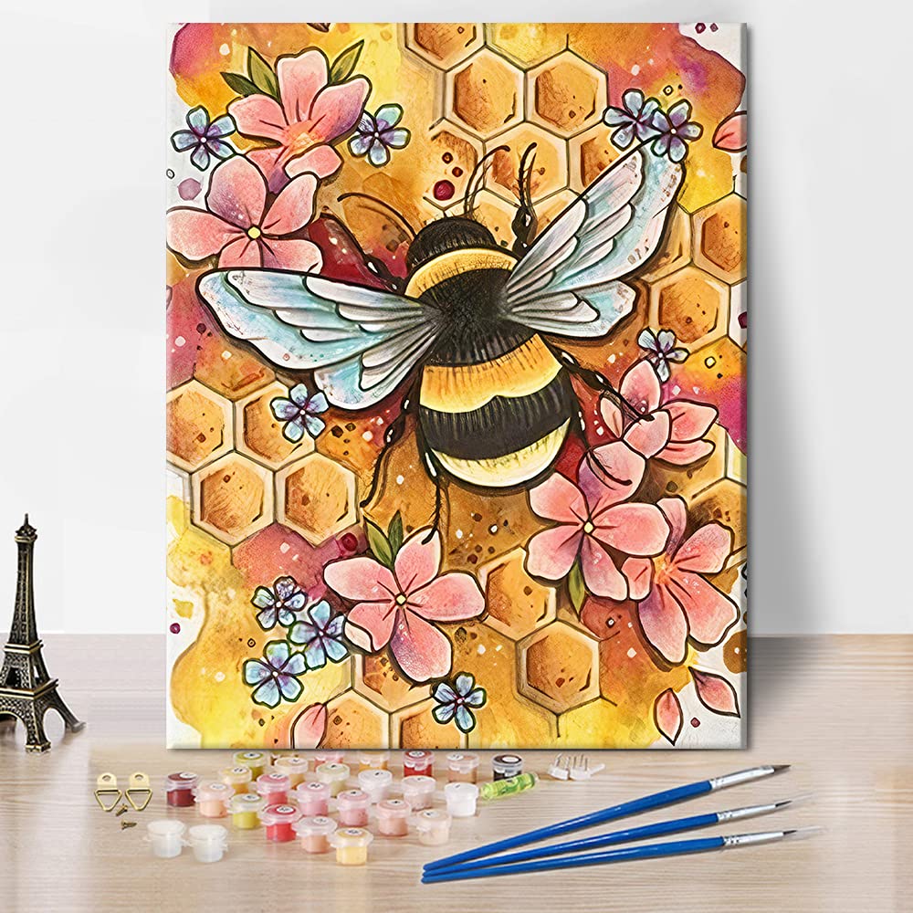 TISHIRON Paint by Numbers Bee Flower Acrylic Pigment Drawing Paintwork DIY Canvas Oil Painting Paint by Number Bees for Adults Kids Beginners Enthusiasts 16x20inch