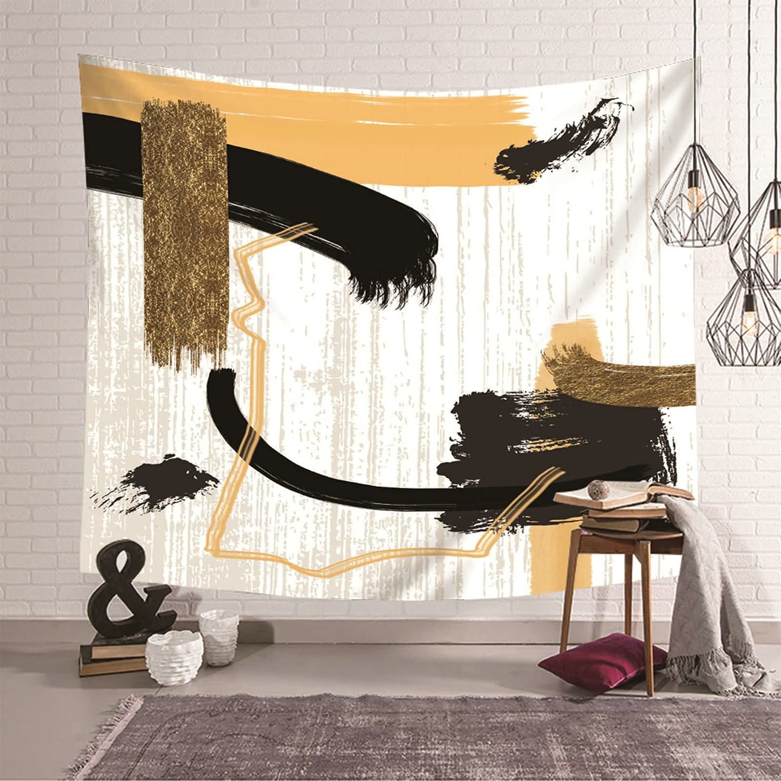 Tapiz decorativo de pared KnSam en poliéster abstracto negro y dorado de 150x130 cm