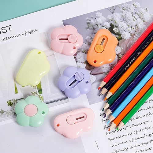 Miniatura 6 de Fengek 18 cuchillos retráctiles utilitarios con diseño de nube y flores, cortadores de caja de plástico para abrecartas con agujero para llavero