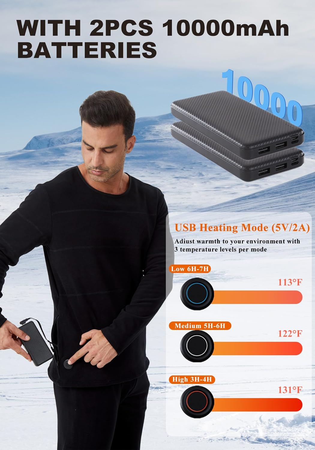 Men's Battery-Powered Heated Thermal Underwear with 2Pcs Batteries, Winter Heated Base Layer Men Hunting (Black, S) - Image 2