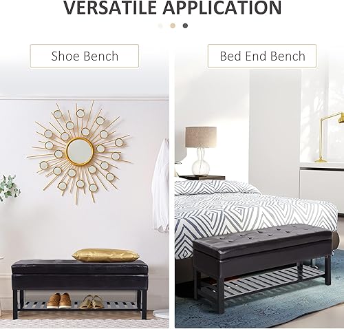 Miniatura 5 de HomCom  Estante para zapatos de piel PU, 44 pulgadas, banca de almacenamiento, Madera, Marrón