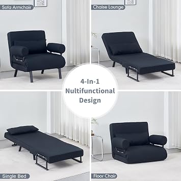 TRIOBLADE Folding Sofa Bed 4-in-1 Convertible Sofa Chair Bed Folding Sleeper Couch with 6-Position Backrest Comfortable Armrests Pillow Chaise Lounge Couch Recliner for Home Office (Black, 65cm)