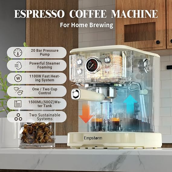 Empstorm Espresso Machine 20 Bar, 2 in 1 Espresso Maker with Milk Frother Steam Wand for Latte and Cappuccino& Milk Frothing Pitcher Steamer Cup Foam Making