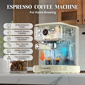 Empstorm Espresso Machine 20 Bar, 2 in 1 Espresso Maker with Milk Frother Steam Wand for Latte and Cappuccino& Milk Frothing Pitcher Steamer Cup Foam Making