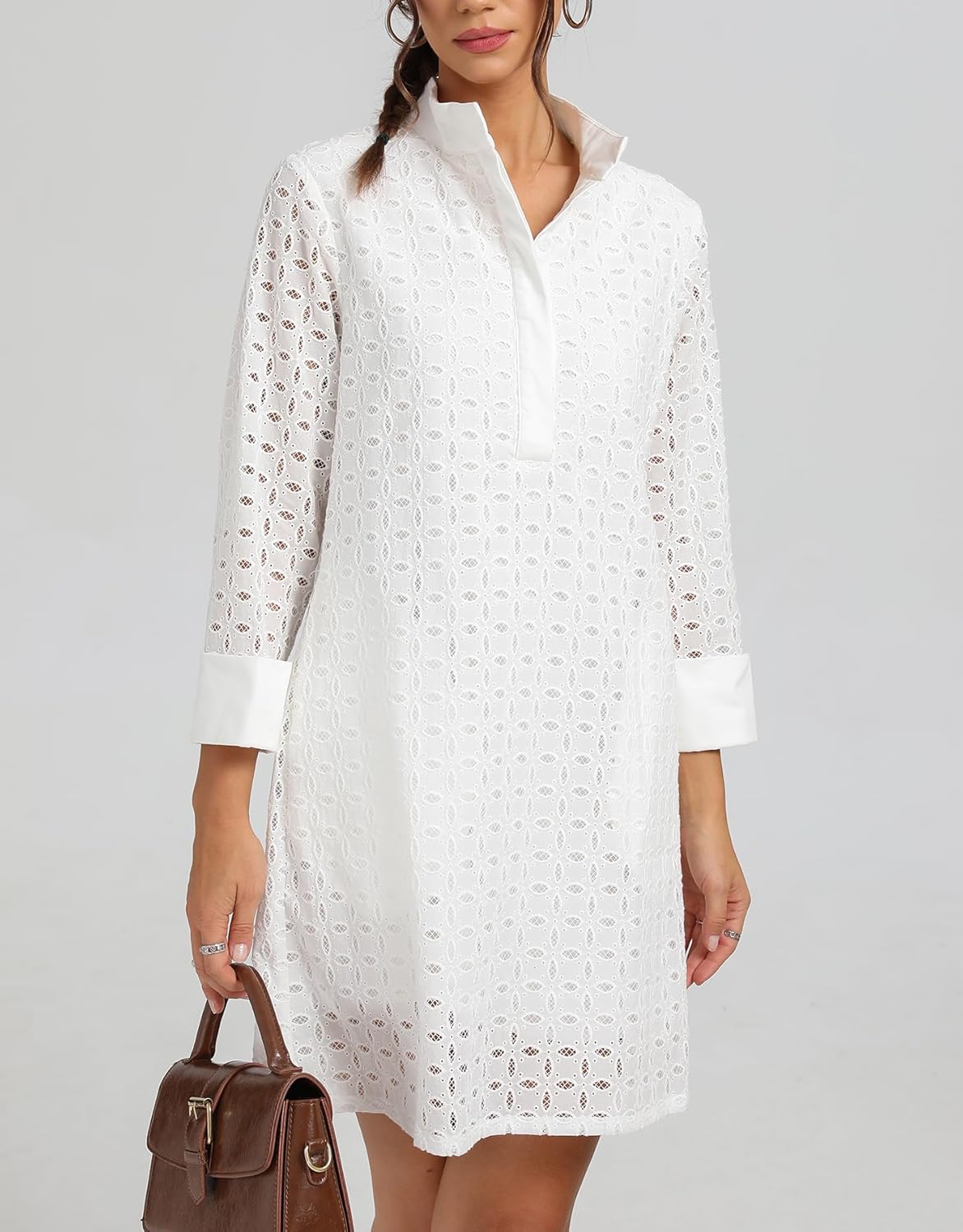 Kedera Women's Summer Long Sleeve Mini Dress V Neck Hollow Out Eyelet Shift A Line Swing Short Party Dresses - Image 3