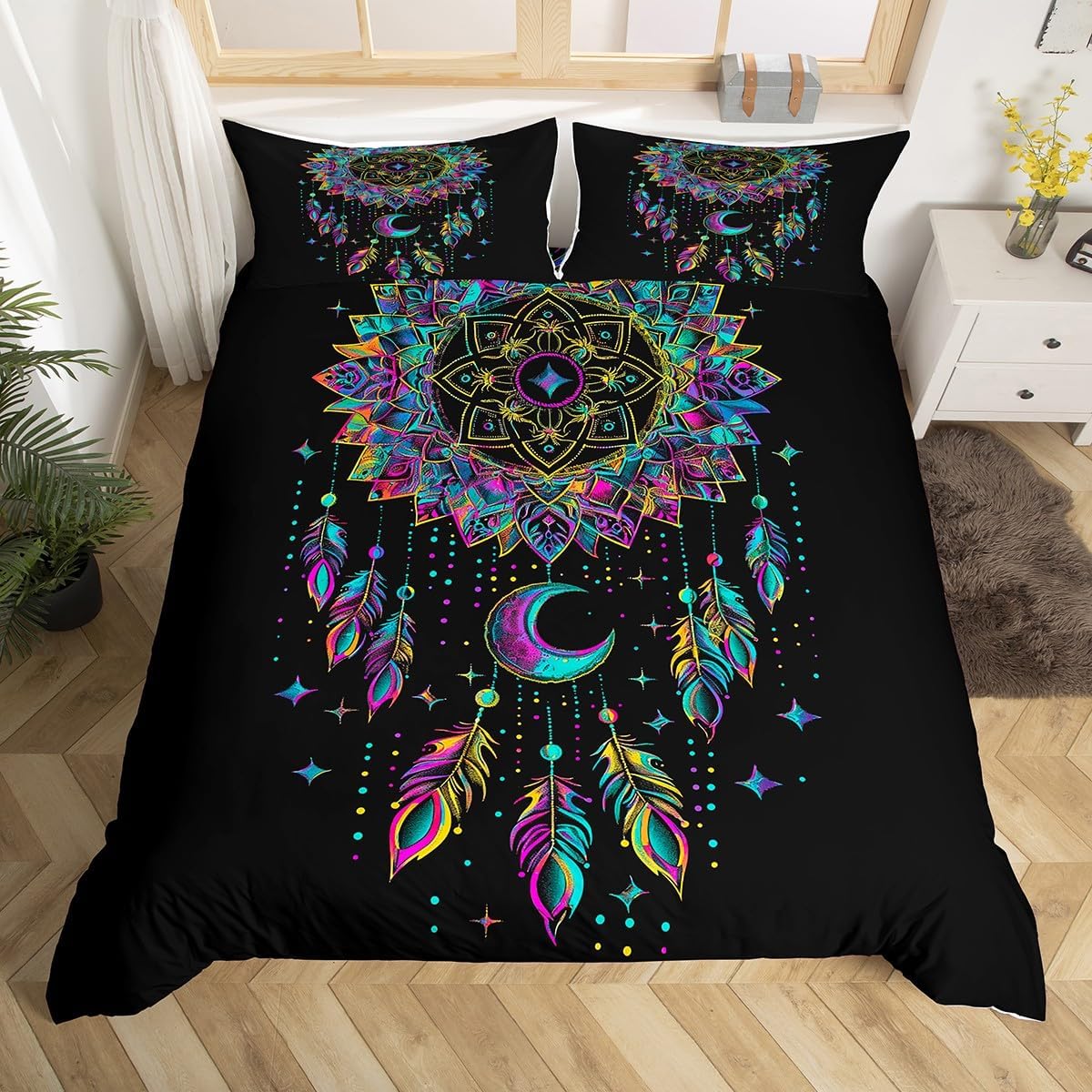 Erosebridal Dream Catcher Comforter Cover Boho Floral Duvet Cover,Dreamy Mandala Paisley Bedding Set Nordic Medallion Dreamcatcher Feather Bed Set Full,Ethnic Aesthetic Room Decor,Black
