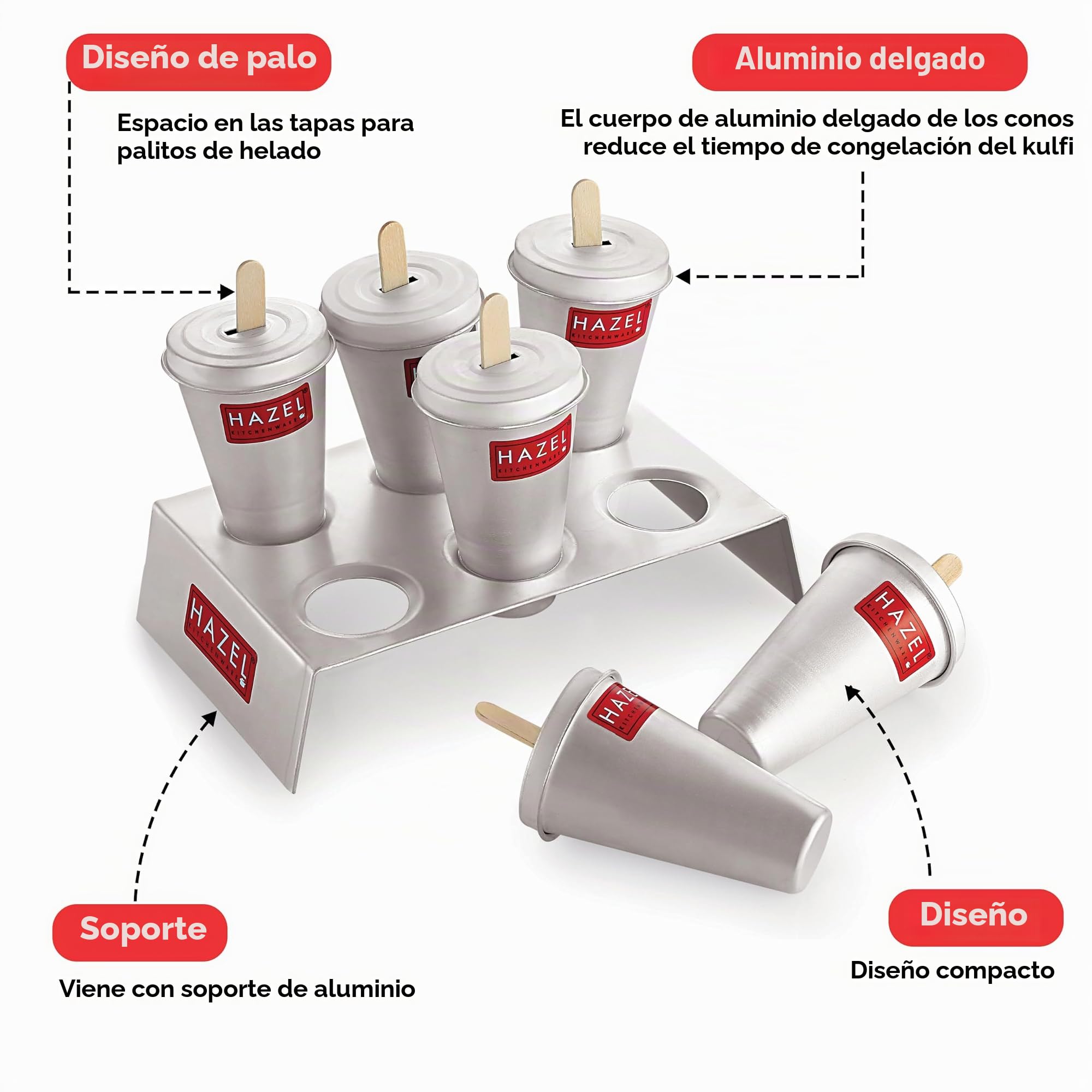 HAZEL Kulfi - Juego de 12 moldes de aluminio con 2 soportes | Máquina reutilizable para helados y paletas | Moldes para golosinas caseras congeladas, paletas de hielo