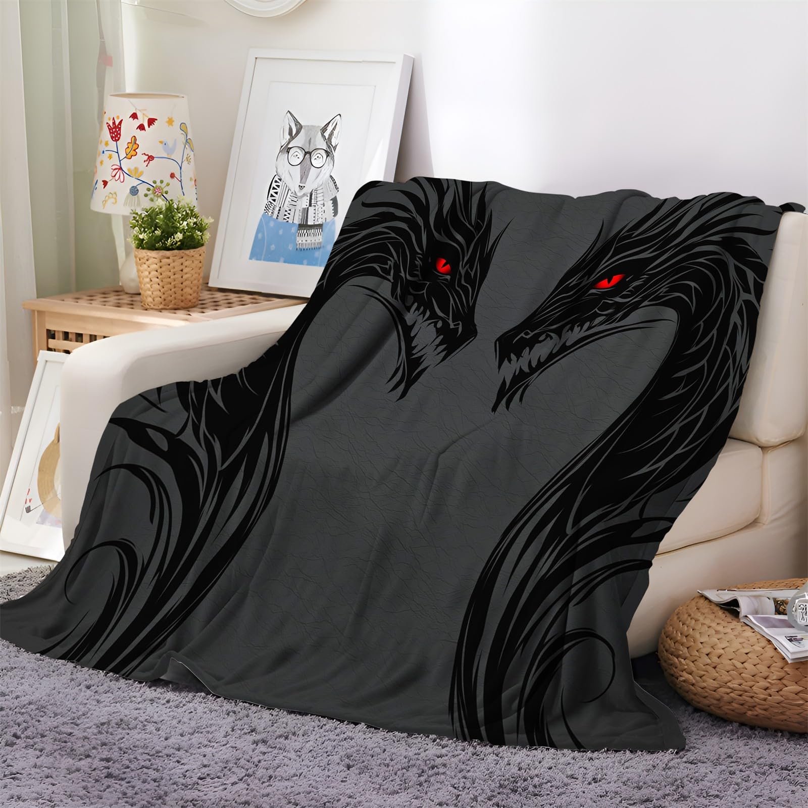 Jeté de Canapé Dragon Abstrait Gris Noir en Flanelle Haut de Gamme
