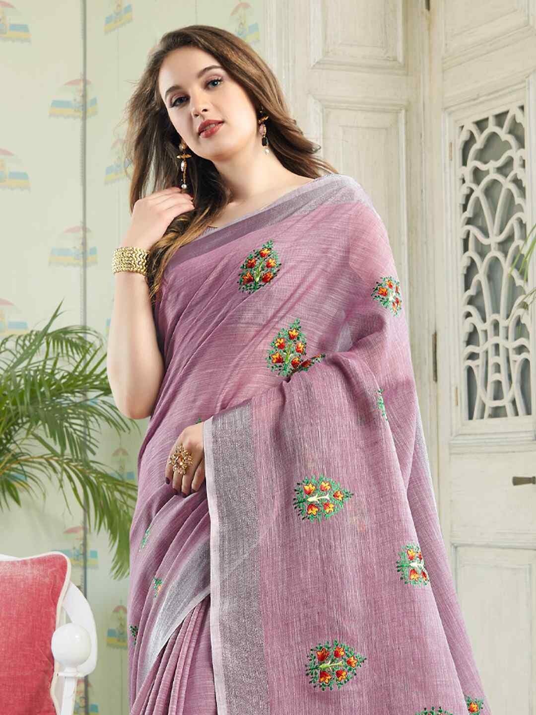 Shiv Textiles Women's Linen Floral Printed Saree(AUS-SGAMY24004-ROSE PINK) 1