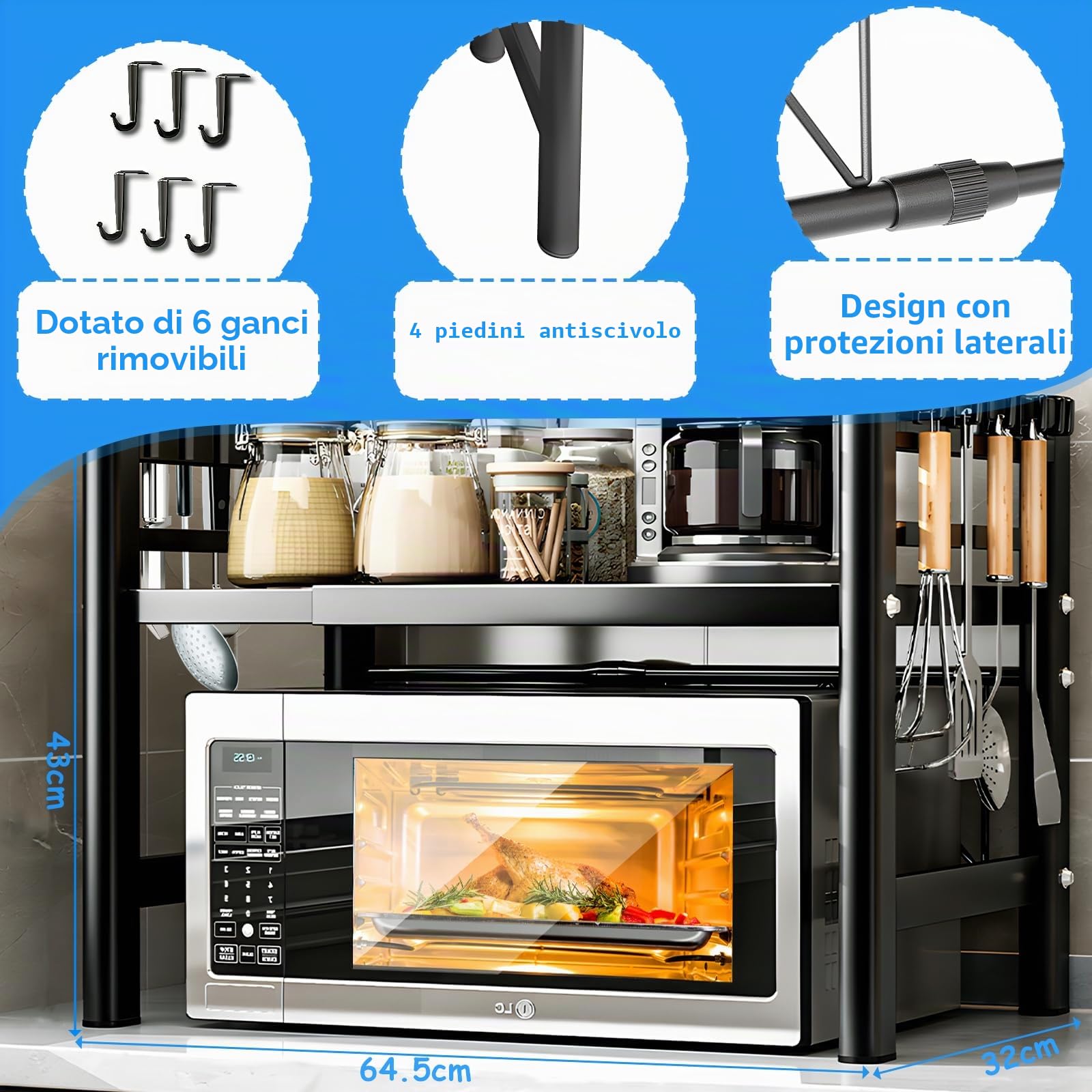 Mensola espandibile a 2 livelli, per microonde, per cucina, con 6 ganci, flessibile, allungabile da 40 a 64 cm, organizer da cucina, colore nero