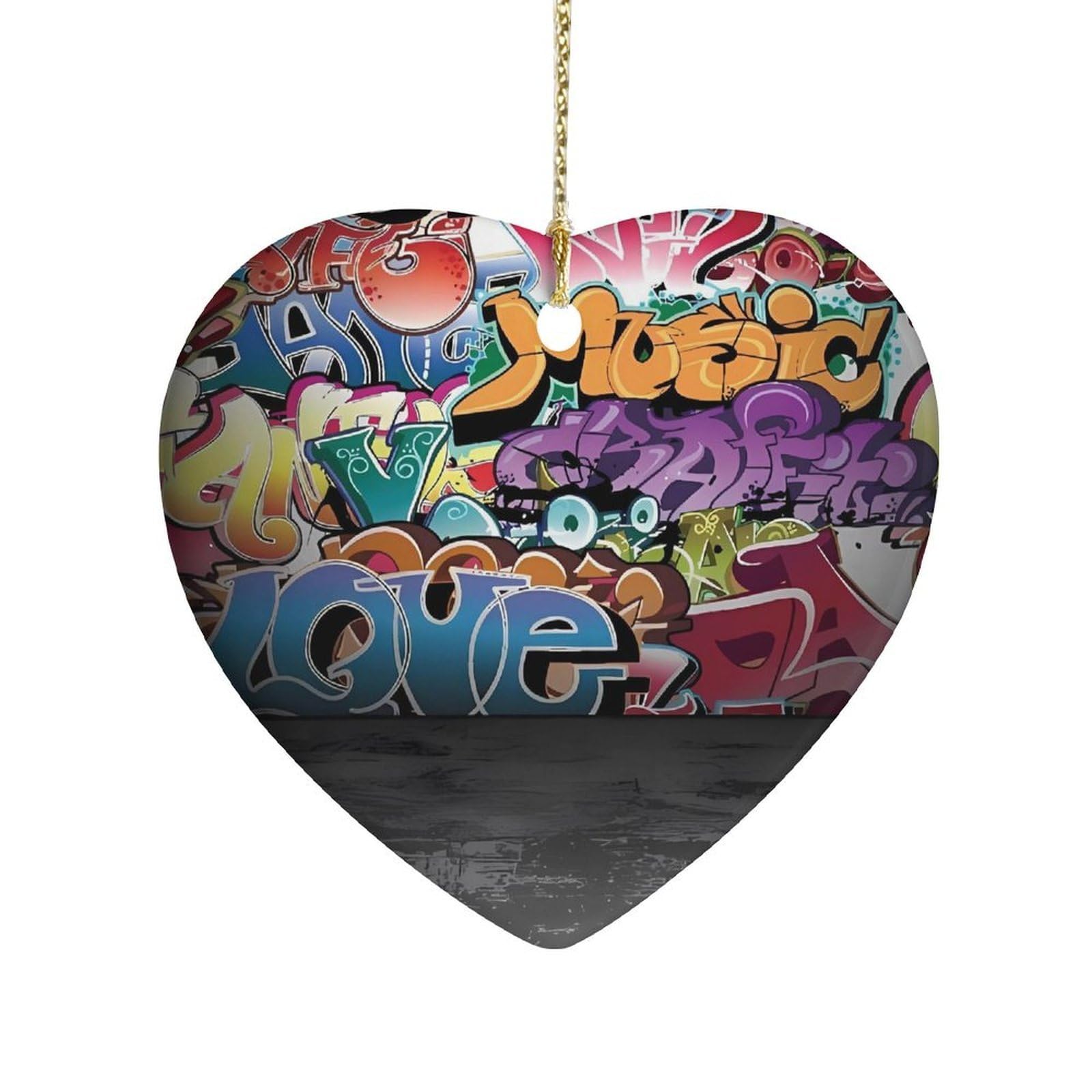 Graffiti Hip Hop Heart Ornament Precious Heart-Shaped Pendant Idea Ceramic Ornaments with Gold String Personalized Heart Shaped Decoration for Outdoor Party Love