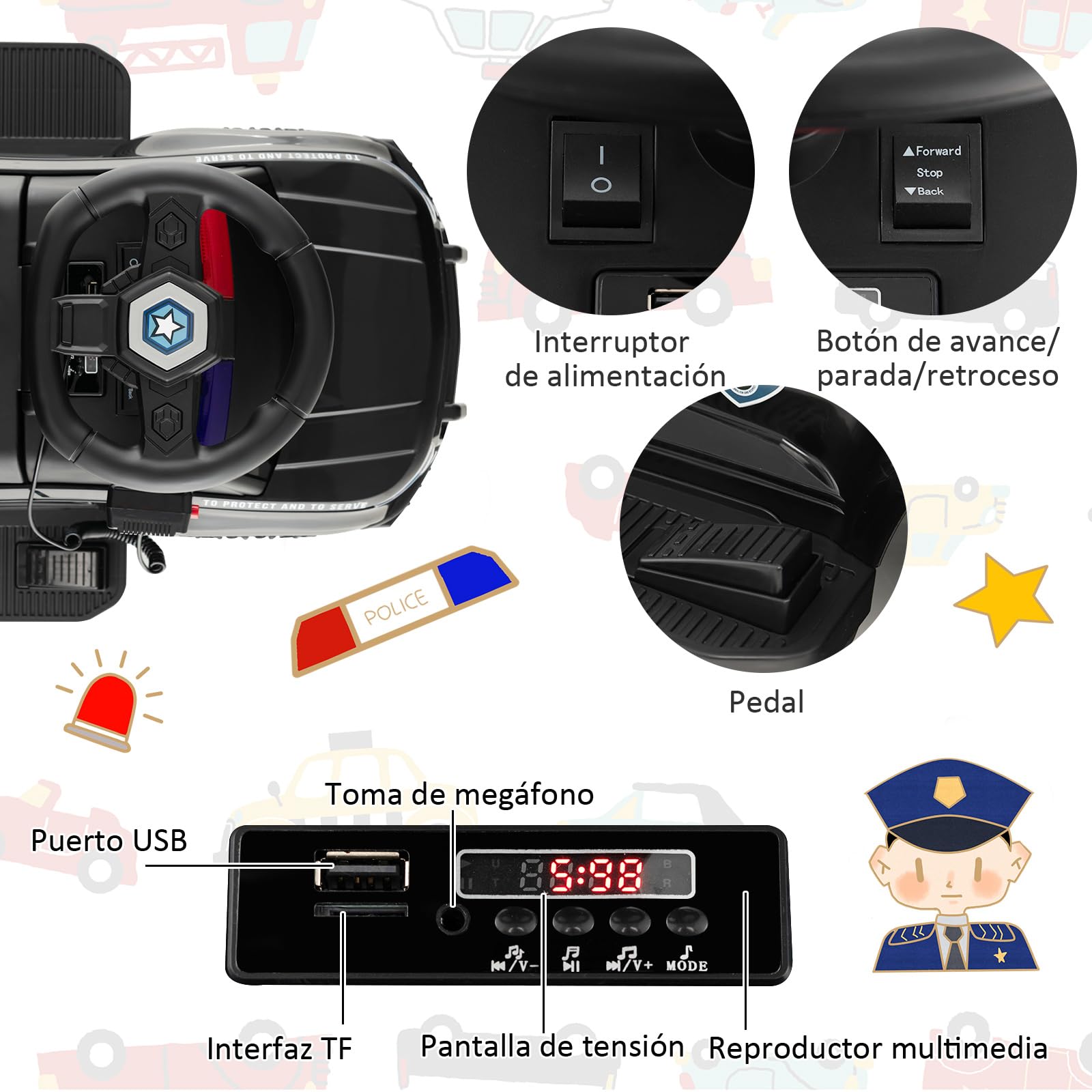 COSTWAY 6V Coche Electrico de Policía para Niños, Coche Batería para Niños con Megáfono Lateral, Bocina, Luz de Alarma y Sonido de Sirena, Reposapiés Ancho, Vehículo para 18-60 Meses (Negro)
