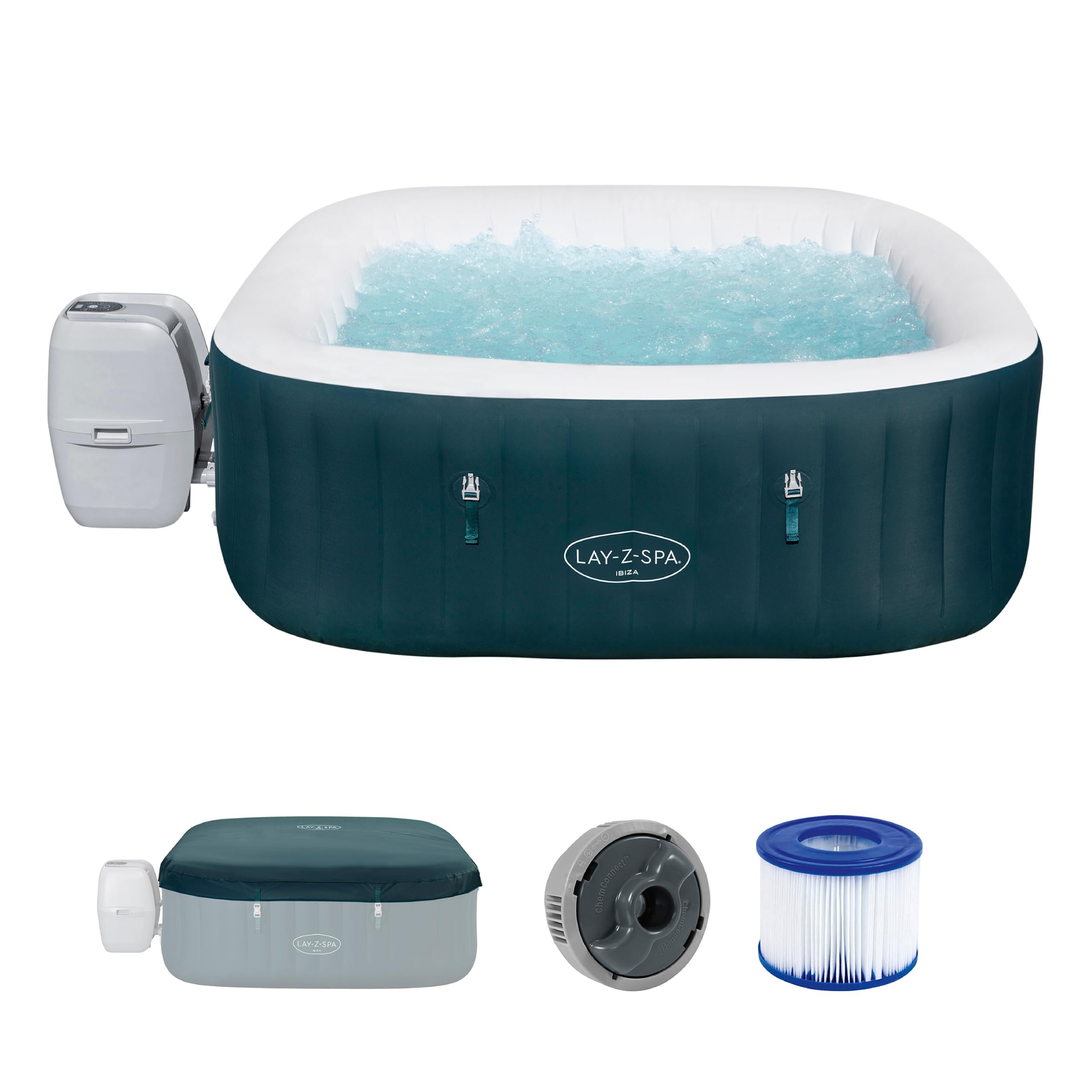 Bestway Lay Z Spa Ibiza AirJet Energiespar-Whirlpool 180x180 cm – aufblasbarer Whirlpool für 6 Personen mit 140 Luftdüsen, EnergySense Isolierung, Frostwächter & Timer – dunkelgrün